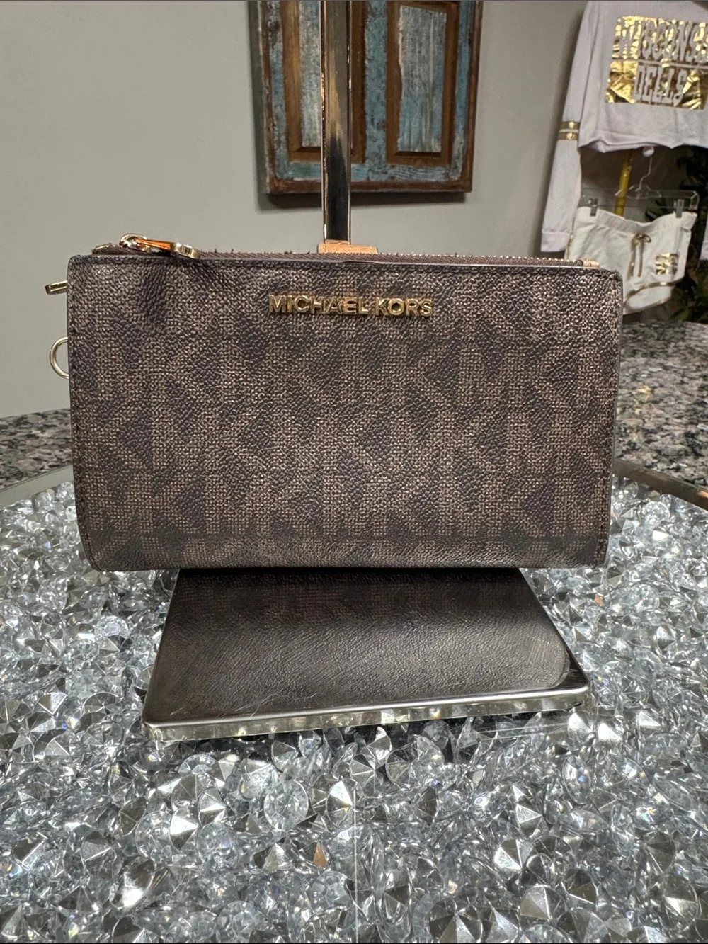 Michael Kors large Brown Signature MK Zip Wristlet with Gold Logo EUC
